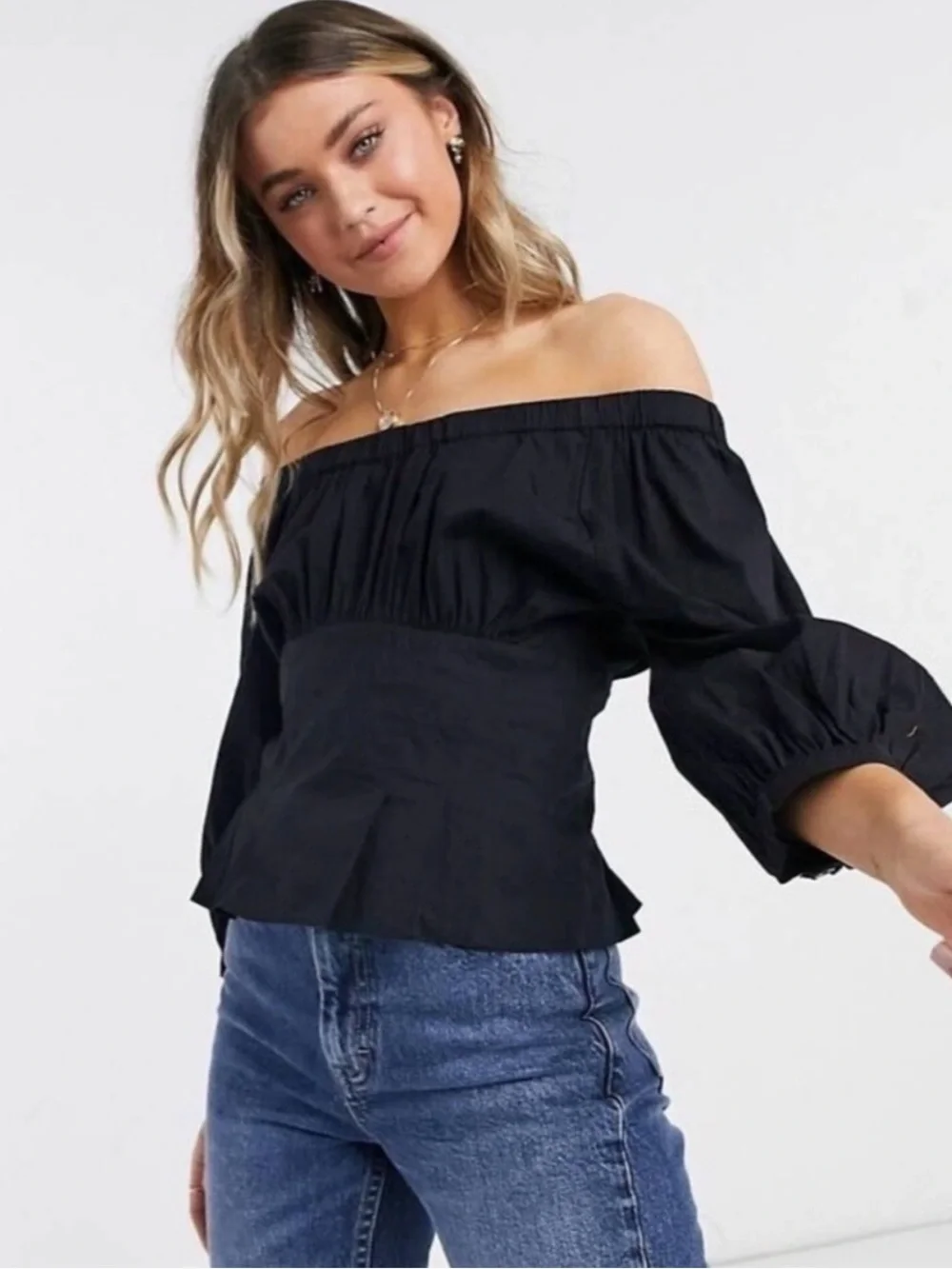 Free People Smocked Teagan Top Puff Sleeves in Black NWT Size Large